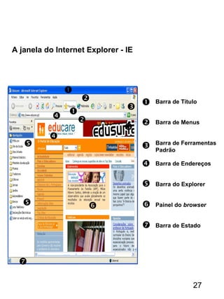 A janela do Internet Explorer - IE



 


Barra de Título
Barra de Menus
Barra de Ferramentas
Padrão
Barra de Endereços
Barra do Explorer
Painel do browser






 Barra de Estado





27
 