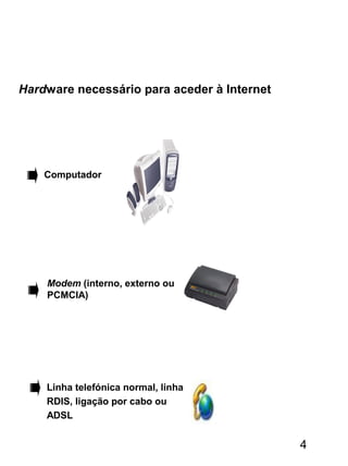 Computador
Modem (interno, externo ou
PCMCIA)
Linha telefónica normal, linha
RDIS, ligação por cabo ou
ADSL
Hardware necessário para aceder à Internet
4
 