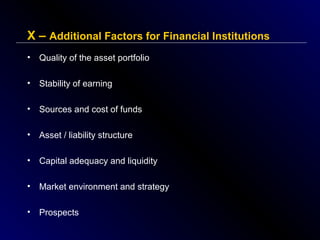 X – Additional Factors for Financial Institutions
•

Quality of the asset portfolio

•

Stability of earning

•

Sources and cost of funds

•

Asset / liability structure

•

Capital adequacy and liquidity

•

Market environment and strategy

•

Prospects

 