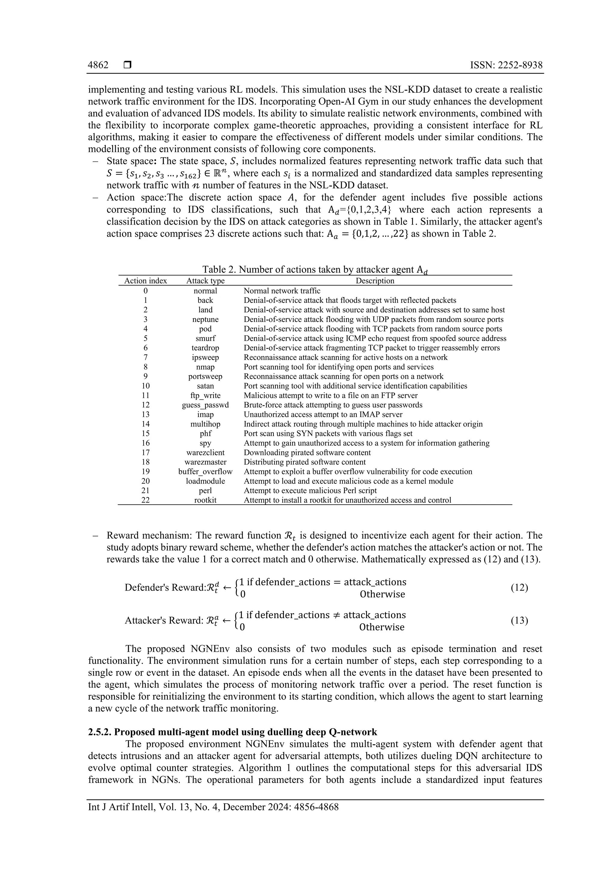  ISSN: 2252-8938
Int J Artif Intell, Vol. 13, No. 4, December 2024: 4856-4868
4862
implementing and testing various RL models. This simulation uses the NSL-KDD dataset to create a realistic
network traffic environment for the IDS. Incorporating Open-AI Gym in our study enhances the development
and evaluation of advanced IDS models. Its ability to simulate realistic network environments, combined with
the flexibility to incorporate complex game-theoretic approaches, providing a consistent interface for RL
algorithms, making it easier to compare the effectiveness of different models under similar conditions. The
modelling of the environment consists of following core components.
– State space: The state space, 𝑆, includes normalized features representing network traffic data such that
𝑆 = {𝑠1, 𝑠2, 𝑠3 … , 𝑠162} ∈ ℝ𝓃
, where each 𝑠𝑖 is a normalized and standardized data samples representing
network traffic with 𝓃 number of features in the NSL-KDD dataset.
– Action space:The discrete action space 𝐴, for the defender agent includes five possible actions
corresponding to IDS classifications, such that A𝑑={0,1,2,3,4} where each action represents a
classification decision by the IDS on attack categories as shown in Table 1. Similarly, the attacker agent's
action space comprises 23 discrete actions such that: A𝑎 = {0,1,2, … ,22} as shown in Table 2.
Table 2. Number of actions taken by attacker agent A𝑑
Action index Attack type Description
0 normal Normal network traffic
1 back Denial-of-service attack that floods target with reflected packets
2 land Denial-of-service attack with source and destination addresses set to same host
3 neptune Denial-of-service attack flooding with UDP packets from random source ports
4 pod Denial-of-service attack flooding with TCP packets from random source ports
5 smurf Denial-of-service attack using ICMP echo request from spoofed source address
6 teardrop Denial-of-service attack fragmenting TCP packet to trigger reassembly errors
7 ipsweep Reconnaissance attack scanning for active hosts on a network
8 nmap Port scanning tool for identifying open ports and services
9 portsweep Reconnaissance attack scanning for open ports on a network
10 satan Port scanning tool with additional service identification capabilities
11 ftp_write Malicious attempt to write to a file on an FTP server
12 guess_passwd Brute-force attack attempting to guess user passwords
13 imap Unauthorized access attempt to an IMAP server
14 multihop Indirect attack routing through multiple machines to hide attacker origin
15 phf Port scan using SYN packets with various flags set
16 spy Attempt to gain unauthorized access to a system for information gathering
17 warezclient Downloading pirated software content
18 warezmaster Distributing pirated software content
19 buffer_overflow Attempt to exploit a buffer overflow vulnerability for code execution
20 loadmodule Attempt to load and execute malicious code as a kernel module
21 perl Attempt to execute malicious Perl script
22 rootkit Attempt to install a rootkit for unauthorized access and control
– Reward mechanism: The reward function ℛ𝑡 is designed to incentivize each agent for their action. The
study adopts binary reward scheme, whether the defender's action matches the attacker's action or not. The
rewards take the value 1 for a correct match and 0 otherwise. Mathematically expressed as (12) and (13).
Defender's Reward:ℛ𝑡
𝑑
← {
1 if defender_actions = attack_actions
0 Otherwise
(12)
Attacker's Reward: ℛ𝑡
𝑎
← {
1 if defender_actions ≠ attack_actions
0 Otherwise
(13)
The proposed NGNEnv also consists of two modules such as episode termination and reset
functionality. The environment simulation runs for a certain number of steps, each step corresponding to a
single row or event in the dataset. An episode ends when all the events in the dataset have been presented to
the agent, which simulates the process of monitoring network traffic over a period. The reset function is
responsible for reinitializing the environment to its starting condition, which allows the agent to start learning
a new cycle of the network traffic monitoring.
2.5.2. Proposed multi-agent model using duelling deep Q-network
The proposed environment NGNEnv simulates the multi-agent system with defender agent that
detects intrusions and an attacker agent for adversarial attempts, both utilizes dueling DQN architecture to
evolve optimal counter strategies. Algorithm 1 outlines the computational steps for this adversarial IDS
framework in NGNs. The operational parameters for both agents include a standardized input features
 