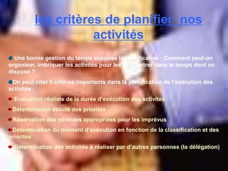 les critères de planifier nos
activités
Une bonne gestion du temps suppose la planification : Comment peut-on
organiser, imbriquer les activités pour les faire entrer dans le temps dont on
dispose ?
On peut citer 5 critères importants dans la planification de l’exécution des
activités:
Evaluation réaliste de la durée d’exécution des activités
Détermination exacte des priorités
Réservation des périodes appropriées pour les imprévus
Détermination du moment d’exécution en fonction de la classification et des
priorités
Détermination des activités à réaliser par d’autres personnes (la délégation)
 