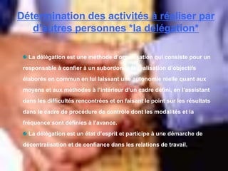 Détermination des activités à réaliser par
d’autres personnes *la délégation*
La délégation est une méthode d’organisation qui consiste pour un
responsable à confier à un subordonné la réalisation d’objectifs
élaborés en commun en lui laissant une autonomie réelle quant aux
moyens et aux méthodes à l’intérieur d’un cadre défini, en l’assistant
dans les difficultés rencontrées et en faisant le point sur les résultats
dans le cadre de procédure de contrôle dont les modalités et la
fréquence sont définies à l’avance.
La délégation est un état d’esprit et participe à une démarche de
décentralisation et de confiance dans les relations de travail.
 