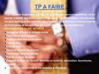 TP A FAIRE
Les activités organisées par les entreprises sont souvent répétitives, ce qui
permet d’établir des listes-types de tâches qu’il suffit d’adapter à la situation.
On peut distinguer les activités régulières qui conditionnent la bonne marche
de l’entreprise et les activités qui se produisent occasionnellement.
ORGANISATION D’UNE REUNION :
Rédiger et diffuser le compte-rendu
Fixer l’objet de la réunion
Etablir la liste des participants
Fixer la date
Fixer le lieu
Réserver la salle de réunion
Convoquer les participants
Prévoir la prise de notes
Préparer la salle de réunion (Mobilier et matériel, décoration, fournitures,
boissons….)
Préparer les documents et les dossiers à distribuer
 