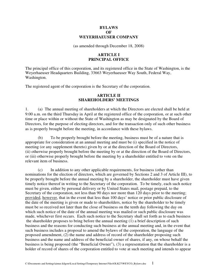 weyerhaeuser Bylaws as amended