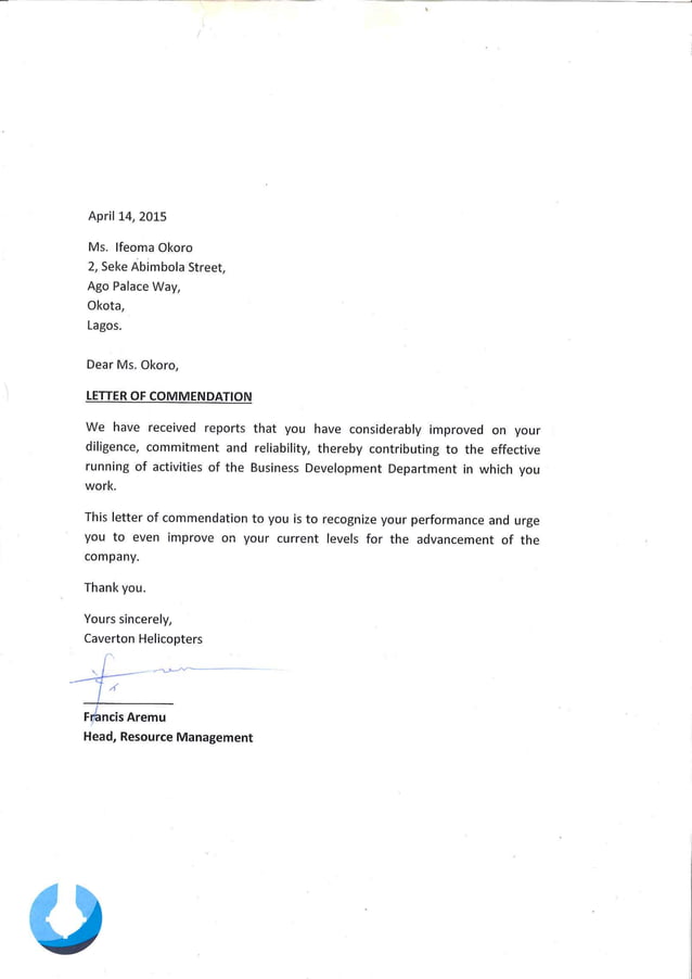 LETTER OF COMMENDATION