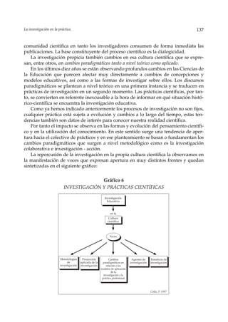 La investigación en la práctica                                                                                   137


comunidad científica en tanto los investigadores consumen de forma inmediata las
publicaciones. La base constituyente del proceso científico es la dialogicidad.
    La investigación propicia también cambios en esa cultura científica que se expre-
san, entre otros, en cambios paradigmáticos tanto a nivel teórico como aplicado.
    En los últimos diez años se están observando profundos cambios en las Ciencias de
la Educación que parecen afectar muy directamente a cambios de concepciones y
modelos educativos, así como a las formas de investigar sobre ellos. Los discursos
paradigmáticos se plantean a nivel teórico en una primera instancia y se traducen en
prácticas de investigación en un segundo momento. Las prácticas científicas, por tan-
to, se convierten en referente inexcusable a la hora de informar en qué situación histó-
rico-científica se encuentra la investigación educativa.
    Como ya hemos indicado anteriormente los procesos de investigación no son fijos,
cualquier práctica está sujeta a evolución y cambios a lo largo del tiempo, estas ten-
dencias también son datos de interés para conocer nuestra realidad científica.
    Por tanto el impacto se observa en las formas y evolución del pensamiento científi-
co y en la utilización del conocimiento. En este sentido surge una tendencia de aper-
tura hacia el colectivo de prácticos y en ese planteamiento se basan o fundamentan los
cambios paradigmáticos que surgen a nivel metodológico como es la investigación
colaborativa e investigación - acción.
    La repercusión de la investigación en la propia cultura científica la observamos en
la manifestación de voces que expresan apertura en muy distintos frentes y quedan
sintetizadas en el siguiente gráfico:


                                        Gráfico 6
                          INVESTIGACIÓN Y PRÁCTICAS CIENTÍFICAS

                                                            Investigación
                                                             Investigación
                                                              Educativa
                                                               Educativa


                                                                en la
                                                               Cultura
                                                              científica




                                                                Voces
                                                                 Voces




                        Metodologías     Proyección            Cambios            Agentes de     Temáticas de
                             de         aplicada de la    paradigmáticos en      investigación   investigación
                        investigación   investigación        relación a los
                                                         modelos de aplicación
                                                                  de la
                                                           investigación a la
                                                          práctica profesional



                                                                                                 Colás, P. 1997
 