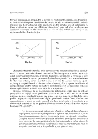 Educación adaptativa                                                                          259


tos y, en consecuencia, propondría la mejora del rendimiento asignando un tratamien-
to diferente a cada tipo de estudiantes. Lo mismo sucedería en una interacción ordinal,
mientras que la investigación más tradicional podría concluir que el tratamiento A
(línea continua) es mejor que el B (línea discontinua) para todos los estudiantes, en
cambio la investigación ATI observaría la diferencia entre tratamientos sólo para un
determinado tipo de estudiantes.




       Alto                                               Alto

       Rto.                                               Rto.


       Bajo                                               Bajo
              Baja       APTITUD    Alta                         Baja     APTITUD      Alta

                       Fig. 1.a                                         Fig. 1.b



    Quisiera destacar la diferencia entre perjudicar y no mejorar que se deriva de resul-
tados de interacciones disordinales y ordinales. Mientras que en la interacción disor-
dinal cada tratamiento beneficia a un tipo diferente de estudiantes y perjudica al otro
grupo (en términos de obtener peores resultados al compararlo con el otro método), en
la interacción ordinal, un tratamiento beneficia a un tipo de alumnos pero no perjudi-
ca, aunque tampoco beneficia ni mejora el rendimiento, al otro tipo de estudiantes al
compararlo con el otro método instructivo. Estos resultados y las decisiones tomadas
tienen repercusiones, además, en el coste de la adaptación.
    Si somos conscientes de las diferencias entre tratamientos según tipos de aptitud
pedagógicamente significativas, podemos comprender que la elección de un único
método, aunque significativamente sea mejor que otro para la media del grupo,
pudiera repercutir negativamente en algún tipo de estudiantes. Conocidas las con-
secuencias, suponemos un mejor control a la hora de decidir el tratamiento y la
observación sistemática de los posibles efectos secundarios. Como afirmaban Snow y
Lohman (1984, 358-359):

                (…) las comparaciones de tratamientos educativos, incluyendo las evaluaciones
            de programas, deberán incorporar pruebas de hipótesis ATI plausibles con el fin de
            interpretar adecuadamente las conclusiones sobre los efectos principales prometidos.
            Cualquier medio de aprendizaje puede ser estimulante para algunos estudiantes y
            pobre para otros. La investigación de diseños instructivos debería utilizar siempre lo
            que conoce sobre las diferencias individuales al objeto de determinar para quién es
            apropiado un método instructivo particular y para quién no lo es.
 