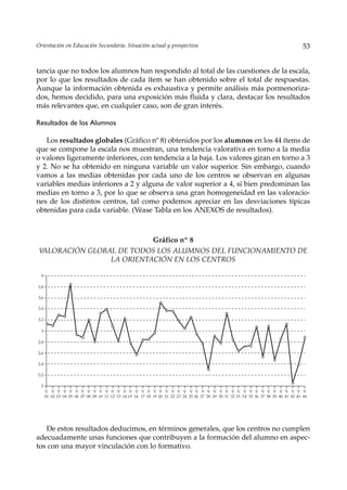 Orientación en Educación Secundaria. Situación actual y prospectiva                                                                    53


tancia que no todos los alumnos han respondido al total de las cuestiones de la escala,
por lo que los resultados de cada ítem se han obtenido sobre el total de respuestas.
Aunque la información obtenida es exhaustiva y permite análisis más pormenoriza-
dos, hemos decidido, para una exposición más fluida y clara, destacar los resultados
más relevantes que, en cualquier caso, son de gran interés.

Resultados de los Alumnos

   Los resultados globales (Gráfico nº 8) obtenidos por los alumnos en los 44 ítems de
que se compone la escala nos muestran, una tendencia valorativa en torno a la media
o valores ligeramente inferiores, con tendencia a la baja. Los valores giran en torno a 3
y 2. No se ha obtenido en ninguna variable un valor superior. Sin embargo, cuando
vamos a las medias obtenidas por cada uno de los centros se observan en algunas
variables medias inferiores a 2 y alguna de valor superior a 4, si bien predominan las
medias en torno a 3, por lo que se observa una gran homogeneidad en las valoracio-
nes de los distintos centros, tal como podemos apreciar en las desviaciones típicas
obtenidas para cada variable. (Véase Tabla en los ANEXOS de resultados).



                           Gráfico nº 8
 VALORACIÓN GLOBAL DE TODOS LOS ALUMNOS DEL FUNCIONAMIENTO DE
                 LA ORIENTACIÓN EN LOS CENTROS

  4

3,8

3,6

3,4

3,2

  3

2,8

2,6

2,4

2,2

  2
      V V V V V V V V V V V V V V V V V V V V V V V V V V V V V V V V V V V V V V V V V V V V
      01 02 03 04 05 06 07 08 09 10 11 12 13 14 15 16 17 18 19 20 21 22 23 24 25 26 27 28 29 30 31 32 33 34 35 36 37 38 39 40 41 42 43 44




   De estos resultados deducimos, en términos generales, que los centros no cumplen
adecuadamente unas funciones que contribuyen a la formación del alumno en aspec-
tos con una mayor vinculación con lo formativo.
 