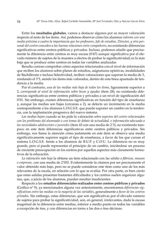 54            Mª Teresa Díaz Allué, Rafael Carballo Santaolalla, Mª José Fernández Díaz y Narciso García Nieto



    Entre los resultados globales, vamos a destacar algunos por su mayor valoración
respecto al resto de los ítems. Así, podemos observar cómo los alumnos valoran con una
media próxima a cuatro la importancia que los profesores, Jefe de estudios, Director, y otro per-
sonal del centro conceden a las buenas relaciones entre compañeros, no existiendo diferencias
significativas entre centros públicos y privados. Incluso, podemos añadir que precisa-
mente la diferencia entre centros es muy escasa (0’67) aunque significativa por el ele-
vado número de sujetos de la muestra a efectos de probar la significatividad; es la más
baja que se produce entre centros en todas las variables analizadas
    Resulta curioso comprobar cómo aspectos relacionados con el nivel de información
que reciben los alumnos sobre planes de estudios, asignaturas optativas, modalidades
de Bachillerato e incluso Selectividad, reciben valoraciones que superan la media de 3,
rondando el 3’5, siendo los ítems más valorados, dentro de esta línea apuntada de ten-
dencia a la media.
    Por el contrario, una de las medias más baja de todos los ítems, ligeramente superior a
2, corresponde al nivel de información sobre becas y ayudas (ítem 28), no existiendo dife-
rencias significativas entre centros públicos y privados a un nivel de significación del
0’01. Sin embargo, existen diferencias significativas en función del tipo de enseñanza
y, aunque las medias son bajas (cercanas a 2), se detecta un incremento en la media
correspondiente a los alumnos L.O.G.S.E. que puede suponer un cambio en la tenden-
cia, con la implantación progresiva del nuevo sistema.
    Las medias bajan cuando se les pide la valoración sobre aspectos del centro relacionados
con los problemas del alumnado o con temas de debate de actualidad, o información adecuada a
las necesidades adolescentes o juveniles (ítem 43 con una media de 2’3), no existiendo tam-
poco en este ítem diferencias significativas entre centros públicos y privados. Sin
embargo, nos llama la atención cómo justamente en este ítem se observa una media
significativamente superior según el tipo de enseñanza, a favor de los que cursan el
sistema L.O.G.S.E. frente a los alumnos de B.U.P. y C.O.U. La diferencia no es muy
grande, pero sí puede representar el principio de un cambio, iniciándose un proceso
de creciente preocupación en los centros por aquellos aspectos más claramente forma-
tivos de la educación.
    La valoración más baja la obtiene un ítem relacionado con las salidas a fábricas, museos
o empresas, con una media de 2’052. Evidentemente la citamos por ser precisamente el
valor obtenido más bajo, pero no se puede considerar este ítem como uno de los más
relevantes de la escala, en relación con lo que se evalúa. Por otra parte, es bien cierto
que estas salidas presentan bastantes dificultades y los centros suelen organizar algu-
nas, que, a juicio de los alumnos, pueden resultar insuficientes.
    Respecto a los estudios diferenciales realizados entre centros públicos y privados
(Gráfico nº 9), ya mencionados alguna vez anteriormente, encontramos diferencias sig-
nificativas entre las medias en la mayoría de las variables, generalmente a favor de los centros
privados. Sin embargo, estas diferencias, que son significativas por el elevado número
de sujetos para probar la significatividad, son, en general, irrelevantes, dada la escasa
magnitud de la diferencia entre medias, inferior a medio punto en todos las variables
a excepción de tres, y con diferencias en torno a las dos o tres décimas.
 
