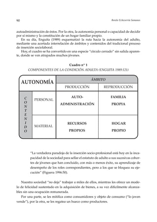 90                                                                  Benito Echeverría Samanes



autoadministración de éstos. Por la otra, la autonomía personal o capacidad de decidir
por sí mismo y la constitución de un hogar familiar propio.
    En su día, Enguita (1989) esquematizó la ruta hacia la autonomía del adulto,
mediante una acertada interrelación de ámbitos y contenidos del tradicional proceso
de inserción sociolaboral.
    Hoy, el cuadro se ha convertido en una especie “círculo cerrado” sin salida aparen-
te, donde se ven atrapados muchos jóvenes.

                             Cuadro nº 1
         COMPONENTES DE LA CONDICIÓN ADULTA (ENGUITA 1989:121)


                                                     ÁMBITO
     AUTONOMÍA
                                  PRODUCCIÓN                  REPRODUCCIÓN


     C                                 AUTO-                       FAMILIA
            PERSONAL
     O                         ADMINISTRACIÓN                       PROPIA
     N
     T
     E
     N
     I                              RECURSOS                        HOGAR
     D      MATERIAL
     O                               PROPIOS                        PROPIO




          “La verdadera paradoja de la inserción socio-profesional está hoy en la inca-
          pacidad de la sociedad para sellar el estatuto de adulto a sus sucesivas cohor-
          tes de jóvenes que han concluido, con más o menos éxito, su aprendizaje de
          desempeño de los roles correspondientes, pero a los que se bloquea su eje-
          cución” (Figuera 1996:50).

   Nuestra sociedad “no deja” trabajar a miles de ellos, mientras les ofrece un mode-
lo de felicidad sustentado en la adquisición de bienes, a su vez difícilmente alcanza-
bles sin una ocupación remunerada.
   Por una parte, se les mitifica como consumidores y objeto de consumo (“lo joven
vende”), por la otra, se les regatea un hueco como productores.
 