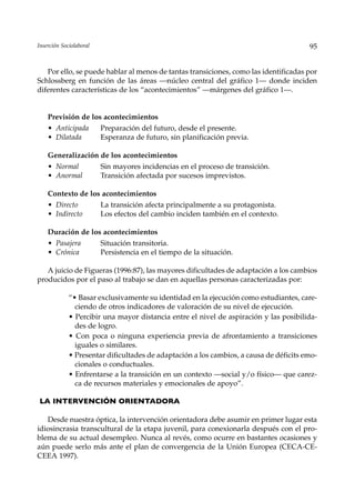 Inserción Sociolaboral                                                                  95


   Por ello, se puede hablar al menos de tantas transiciones, como las identificadas por
Schlossberg en función de las áreas —núcleo central del gráfico 1— donde inciden
diferentes características de los “acontecimientos” —márgenes del gráfico 1—.


    Previsión de los acontecimientos
    • Anticipada         Preparación del futuro, desde el presente.
    • Dilatada           Esperanza de futuro, sin planificación previa.

    Generalización de los acontecimientos
    • Normal             Sin mayores incidencias en el proceso de transición.
    • Anormal            Transición afectada por sucesos imprevistos.

    Contexto de los acontecimientos
    • Directo            La transición afecta principalmente a su protagonista.
    • Indirecto          Los efectos del cambio inciden también en el contexto.

    Duración de los acontecimientos
    • Pasajera           Situación transitoria.
    • Crónica            Persistencia en el tiempo de la situación.

   A juicio de Figueras (1996:87), las mayores dificultades de adaptación a los cambios
producidos por el paso al trabajo se dan en aquellas personas caracterizadas por:

             “• Basar exclusivamente su identidad en la ejecución como estudiantes, care-
               ciendo de otros indicadores de valoración de su nivel de ejecución.
             • Percibir una mayor distancia entre el nivel de aspiración y las posibilida-
               des de logro.
             • Con poca o ninguna experiencia previa de afrontamiento a transiciones
               iguales o similares.
             • Presentar dificultades de adaptación a los cambios, a causa de déficits emo-
               cionales o conductuales.
             • Enfrentarse a la transición en un contexto —social y/o físico— que carez-
               ca de recursos materiales y emocionales de apoyo”.

 LA INTERVENCIÓN ORIENTADORA

   Desde nuestra óptica, la intervención orientadora debe asumir en primer lugar esta
idiosincrasia transcultural de la etapa juvenil, para conexionarla después con el pro-
blema de su actual desempleo. Nunca al revés, como ocurre en bastantes ocasiones y
aún puede serlo más ante el plan de convergencia de la Unión Europea (CECA-CE-
CEEA 1997).
 