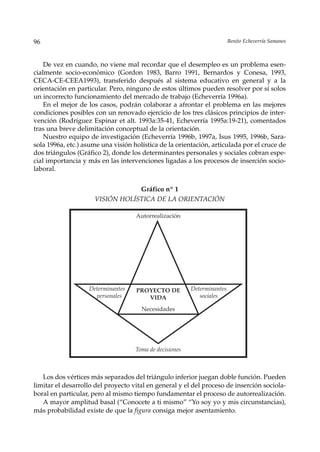 96                                                                       Benito Echeverría Samanes



    De vez en cuando, no viene mal recordar que el desempleo es un problema esen-
cialmente socio-económico (Gordon 1983, Barro 1991, Bernardos y Conesa, 1993,
CECA-CE-CEEA1993), transferido después al sistema educativo en general y a la
orientación en particular. Pero, ninguno de estos últimos pueden resolver por sí solos
un incorrecto funcionamiento del mercado de trabajo (Echeverría 1996a).
    En el mejor de los casos, podrán colaborar a afrontar el problema en las mejores
condiciones posibles con un renovado ejercicio de los tres clásicos principios de inter-
vención (Rodríguez Espinar et alt. 1993a:35-41, Echeverría 1995a:19-21), comentados
tras una breve delimitación conceptual de la orientación.
    Nuestro equipo de investigación (Echeverría 1996b, 1997a, Isus 1995, 1996b, Sara-
sola 1996a, etc.) asume una visión holística de la orientación, articulada por el cruce de
dos triángulos (Gráfico 2), donde los determinantes personales y sociales cobran espe-
cial importancia y más en las intervenciones ligadas a los procesos de inserción socio-
laboral.


                                 Gráfico nº 1
                     VISIÓN HOLÍSTICA DE LA ORIENTACIÓN

                                    Autorrealización




                   Determinantes    PROYECTO DE          Determinantes
                     personales        VIDA                 sociales

                                      Necesidades




                                    Toma de decisiones



   Los dos vértices más separados del triángulo inferior juegan doble función. Pueden
limitar el desarrollo del proyecto vital en general y el del proceso de inserción sociola-
boral en particular, pero al mismo tiempo fundamentar el proceso de autorrealización.
   A mayor amplitud basal (“Conocete a ti mismo” “Yo soy yo y mis circunstancias),
más probabilidad existe de que la figura consiga mejor asentamiento.
 