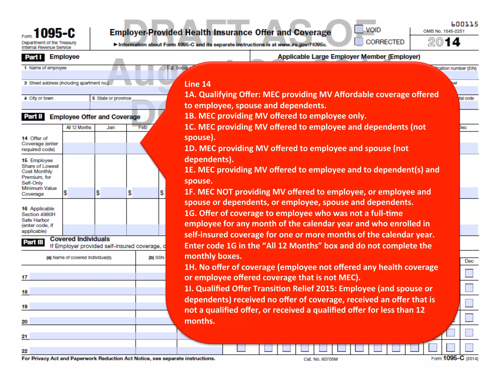 Line 
14 
1A. 
Qualifying 
Offer: 
MEC 
providing 
MV 
Affordable 
coverage 
offered 
to 
employee, 
spouse 
and 
dependents. 
1B. 
MEC 
providing 
MV 
offered 
to 
employee 
only. 
1C. 
MEC 
providing 
MV 
offered 
to 
employee 
and 
dependents 
(not 
spouse). 
1D. 
MEC 
providing 
MV 
offered 
to 
employee 
and 
spouse 
(not 
dependents). 
1E. 
MEC 
providing 
MV 
offered 
to 
employee 
and 
to 
dependent(s) 
and 
spouse. 
1F. 
MEC 
NOT 
providing 
MV 
offered 
to 
employee, 
or 
employee 
and 
spouse 
or 
dependents, 
or 
employee, 
spouse 
and 
dependents. 
1G. 
Offer 
of 
coverage 
to 
employee 
who 
was 
not 
a 
full-­‐<me 
employee 
for 
any 
month 
of 
the 
calendar 
year 
and 
who 
enrolled 
in 
self-­‐insured 
coverage 
for 
one 
or 
more 
months 
of 
the 
calendar 
year. 
Enter 
code 
1G 
in 
the 
“All 
12 
Months” 
box 
and 
do 
not 
complete 
the 
monthly 
boxes. 
1H. 
No 
offer 
of 
coverage 
(employee 
not 
offered 
any 
health 
coverage 
or 
employee 
offered 
coverage 
that 
is 
not 
MEC). 
1I. 
Qualified 
Offer 
Transi<on 
Relief 
2015: 
Employee 
(and 
spouse 
or 
dependents) 
received 
no 
offer 
of 
coverage, 
received 
an 
offer 
that 
is 
not 
a 
qualified 
offer, 
or 
received 
a 
qualified 
offer 
for 
less 
than 
12 
months. 
 