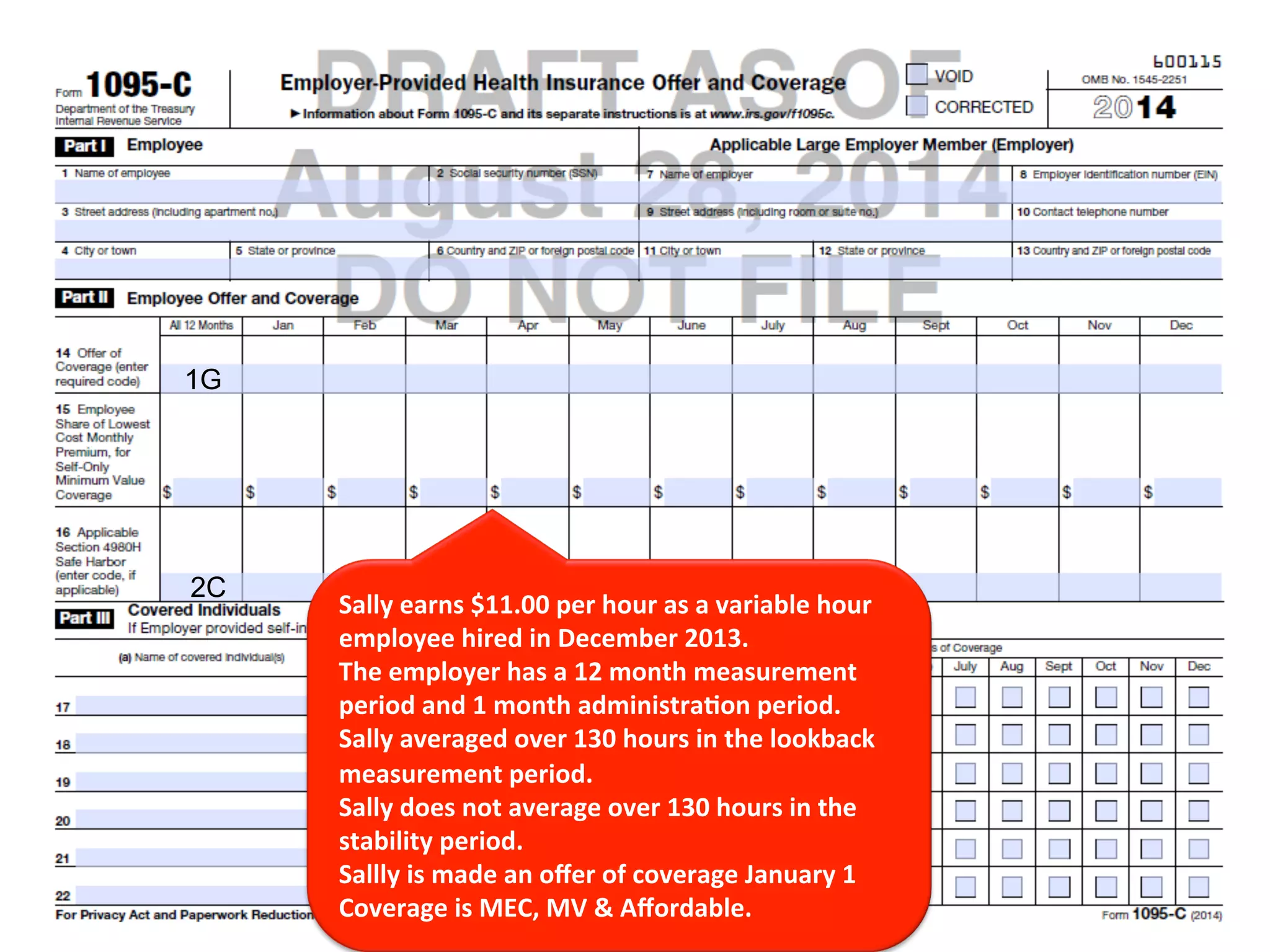 Sally 
earns 
$11.00 
per 
hour 
as 
a 
variable 
hour 
employee 
hired 
in 
December 
2013. 
The 
employer 
has 
a 
12 
month 
measurement 
period 
and 
1 
month 
administra<on 
period. 
Sally 
averaged 
over 
130 
hours 
in 
the 
lookback 
measurement 
period. 
Sally 
does 
not 
average 
over 
130 
hours 
in 
the 
stability 
period. 
Sallly 
is 
made 
an 
offer 
of 
coverage 
January 
1 
Coverage 
is 
MEC, 
MV 
& 
Affordable. 
1G 
2C 
 