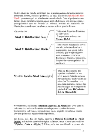 2
Há três níveis de batalha espiritual, mas a igreja precisa estar primeiramente
preparada, liberta, curada e poderosa, ou seja, ela deverá ter passado pelo
Nível I para conseguir ter vitórias nos demais níveis. Caso a igreja entre nos
demais níveis sem ter nenhum preparo com a liderança, sem intercessores e
principalmente sem ter fechado as próprias brechas no ministério de
libertação e cura de seus membros, a mesma sofrerá grande derrota.
Os níveis são:
Nível 1= Batalha Nível Solo
Nível 2= Batalha Nível Oculto
Nível 3= Batalha Nível Estratégico
Normalmente, realizando a Batalha Espiritual de Nível Solo: Deus cura os
enfermos e expulsa os demônios quando pessoas cristãs ministram
diretamente a indivíduos, impondo suas mãos, ungindo com óleo, e orando
por elas pelas suas necessidades especificas.
Em Éfeso, nos dias de Paulo, ocorreu a Batalha Espiritual de Nível
Oculto, pois foi um centro de mágica. Afirma Clinton Arnold em seu livro
“(Efésios: Poder e Mágica)”, Éfeso pode ser considerado o centro da
Trata-se de Expulsar demônios
de indivíduos
È o que Jesus ordenou em
Mateus 10:7-8
Trata-se com poderes das trevas
que são mais coordenados e
organizados que um ou outro
demônio que esteja afligindo
uma pessoa em certa hora.
Exemplos: Bruxaria, Satanismo,
Maçonaria e outras práticas de
ocultismo
Trata-se de confronto dos
espíritos territoriais de alto
nível a quem Satanás nomeou
para coordenar as atividades do
reino das Trevas sobre certa
área para manter as mentes das
pessoas cegas ao evangelho da
glória de Cristo. II Coríntios
4:3-4 e Efésios 6:12
 