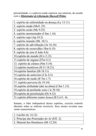 29
personalidade, e a palavra usada expressa sua natureza, de acordo
com o Ministrador de Libertação Maxwell White:
1. espírito de enfermidade ou doença (Lc 13.11)
2. espírito mudo (Mc9. 25)
3. espírito surdo (Mc 9.25)
4. espírito atormentador (I Sm 1.14)
5. espírito sujo (Ap.18.2)
6. espírito imundo (Mt. 10.1)
7. espírito de adivinhação (At 16.16)
8. espírito de escravidão ( Rm 8.15)
9. espírito de erro (I João 4.6)
10.espírito do mundo (ICo 2.12)
11.espírito de engano (ITm 4.1)
12. espírito de ciúmes (Nm 5.14)
13.espírito mentiroso (II Cr 18.21)
14.espírito familiar (Dt 18.11)
15.espírito do anticristo (I Jo 4.3)
16.espírito do medo (II Tm 1.7)
17. espírito perverso (Is 19.14)
18.espírito atribulado (dor na alma) (I Sm 1.15)
19.espírito de profundo sono ( Is 29.10)
20.espírito de prostituição (Os 4.12)
21.espírito diferente (outro Jesus) (II Co11. 4).
Satanás, o líder indisputável destes espíritos, exercita controle
absoluto sobre as milícias invisíveis. Seus nomes revelam suas
várias características:
1. Lúcifer (Is 14.12)
2. Príncipe das Potestades do Ar (Ef2. 2)
3. Maioral dos Demônios (Mt 12.24)
 