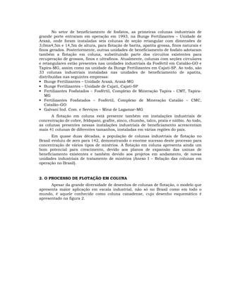 No setor de beneficiamento de fosfatos, as primeiras colunas industriais de
grande porte entraram em operação em 1993, na Bunge Fertilizantes – Unidade de
Araxá, onde foram instaladas seis colunas de seção retangular com dimensões de
3,0mx4,5m e 14,5m de altura, para flotação de barita, apatita grossa, finos naturais e
finos gerados. Posteriormente, outras unidades de beneficiamento de fosfato adotaram
também a flotação em coluna, substituindo parte dos circuitos existentes para
recuperação de grossos, finos e ultrafinos. Atualmente, colunas com seções circulares
e retangulares estão presentes nas unidades industriais da Fosfértil em Catalão-GO e
Tapira-MG, assim como na unidade da Bunge Fertilizantes em Cajati-SP. Ao todo, são
33 colunas industriais instaladas nas unidades de beneficiamento de apatita,
distribuídas nas seguintes empresas:
• Bunge Fertilizantes – Unidade Araxá, Araxá-MG
• Bunge Fertilizantes – Unidade de Cajati, Cajati-SP
• Fertilizantes Fosfatados – Fosfértil, Complexo de Mineração Tapira - CMT, TapiraMG
• Fertilizantes Fosfatados – Fosfértil, Complexo de Mineração Catalão – CMC,
Catalão–GO
• Galvani Ind. Com. e Serviços – Mina de Lagamar–MG
A flotação em coluna está presente também em instalações industriais de
concentração de cobre, feldspato, grafite, zinco, chumbo, talco, prata e nióbio. Ao todo,
as colunas presentes nessas instalações industriais de beneficiamento acrescentam
mais 41 colunas de diferentes tamanhos, instaladas em várias regiões do país.
Em quase duas décadas, a população de colunas industriais de flotação no
Brasil evoluiu de zero para 142, demonstrando o enorme sucesso deste processo para
concentração de vários tipos de minérios. A flotação em coluna apresenta ainda um
bom potencial para crescimento, devido aos planos de expansão das usinas de
beneficiamento existentes e também devido aos projetos em andamento, de novas
unidades industriais de tratamento de minérios (Anexo I – Relação das colunas em
operação no Brasil).

2. O PROCESSO DE FLOTAÇÃO EM COLUNA
Apesar da grande diversidade de desenhos de colunas de flotação, o modelo que
apresenta maior aplicação em escala industrial, não só no Brasil como em todo o
mundo, é aquele conhecido como coluna canadense, cujo desenho esquemático é
apresentado na figura 2.

 