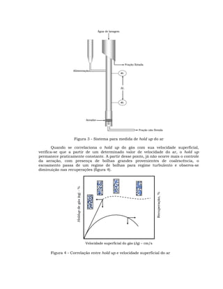 Água de lavagem

Fração flotada
Alimentação
P1

∆L

P2

Aerador

Fração não flotada

Figura 3 - Sistema para medida de hold up do ar

Recuperação, %

Holdup de gás (εg) - %

Quando se correlaciona o hold up do gás com sua velocidade superficial,
verifica-se que a partir de um determinado valor de velocidade do ar, o hold up
permanece praticamente constante. A partir desse ponto, já não ocorre mais o controle
da aeração, com presença de bolhas grandes provenientes de coalescência, o
escoamento passa de um regime de bolhas para regime turbulento e observa-se
diminuição nas recuperações (figura 4).

Velocidade superficial do gás (Jg) – cm/s

Figura 4 - Correlação entre hold up e velocidade superficial do ar

 