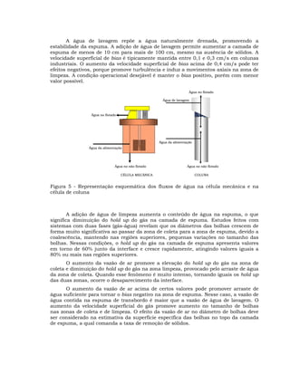 A água de lavagem repõe a água naturalmente drenada, promovendo a
estabilidade da espuma. A adição de água de lavagem permite aumentar a camada de
espuma de menos de 10 cm para mais de 100 cm, mesmo na ausência de sólidos. A
velocidade superficial de bias é tipicamente mantida entre 0,1 e 0,3 cm/s em colunas
industriais. O aumento da velocidade superficial de bias acima de 0,4 cm/s pode ter
efeitos negativos, porque promove turbulência e induz a movimentos axiais na zona de
limpeza. A condição operacional desejável é manter o bias positivo, porém com menor
valor possível.
Água no flotado
Água de lavagem

Água no flotado

Água da alimentação
Água da alimentação

Água no não flotado
CÉLULA MECÂNICA

Água no não flotado
COLUNA

Figura 5 - Representação esquemática dos fluxos de água na célula mecânica e na
célula de coluna

A adição de água de limpeza aumenta o conteúdo de água na espuma, o que
significa diminuição do hold up do gás na camada de espuma. Estudos feitos com
sistemas com duas fases (gás-água) revelam que os diâmetros das bolhas crescem de
forma muito significativa ao passar da zona de coleta para a zona de espuma, devido a
coalescência, mantendo nas regiões superiores, pequenas variações no tamanho das
bolhas. Nessas condições, o hold up do gás na camada de espuma apresenta valores
em torno de 60% junto da interface e cresce rapidamente, atingindo valores iguais a
80% ou mais nas regiões superiores.
O aumento da vazão de ar promove a elevação do hold up do gás na zona de
coleta e diminuição do hold up do gás na zona limpeza, provocado pelo arraste de água
da zona de coleta. Quando esse fenômeno é muito intenso, tornando iguais os hold up
das duas zonas, ocorre o desaparecimento da interface.
O aumento da vazão de ar acima de certos valores pode promover arraste de
água suficiente para tornar o bias negativo na zona de espuma. Nesse caso, a vazão de
água contida na espuma de transbordo é maior que a vazão de água de lavagem. O
aumento da velocidade superficial do gás promove aumento no tamanho de bolhas
nas zonas de coleta e de limpeza. O efeito da vazão de ar no diâmetro de bolhas deve
ser considerado na estimativa da superfície específica das bolhas no topo da camada
de espuma, a qual comanda a taxa de remoção de sólidos.

 