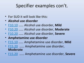 Specifier examples con’t.
• For SUD it will look like this:
• Alcohol use disorder
• F10.10 …… Alcohol use disorder, Mild
• F10.20 …… Alcohol use disorder, Moderate
• F10.20 …… Alcohol use disorder, Severe
• Amphetamine use disorder
• F15.10 …… Amphetamine use disorder, Mild
• F15.20 …… Amphetamine use disorder,
Moderate
• F15.20 …… Amphetamine use disorder, Severe
 