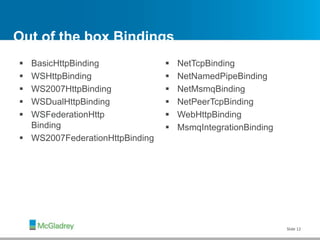 Out of the box Bindings
 BasicHttpBinding
 WSHttpBinding
 WS2007HttpBinding
 WSDualHttpBinding
 WSFederationHttp
Binding
 WS2007FederationHttpBinding
 NetTcpBinding
 NetNamedPipeBinding
 NetMsmqBinding
 NetPeerTcpBinding
 WebHttpBinding
 MsmqIntegrationBinding
Slide 12
 