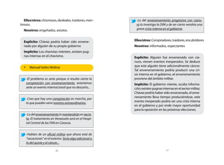 Ellos/otros: chismosos, desleales, traidores, men-      -Lo del envenenamiento progresivo con cianu-
tirosos.                                                   ro lo investiga la DIM y de ser cierto vendría una
  Nosotros: engañados, astutos.                            grave crisis interna en el gobierno.


  Explícito: Chávez podría haber sido envene-             Ellos/otros: Conspiradores, traidores, encubridores
  nado por alguien de su propio gobierno                  Nosotros: informados, expectantes
  Implícito: Los chavistas mienten, existen pug-
  nas internas en el chavismo.                            Explícito: Alguien fue envenenado con cia-
                                                          nuro, vienen eventos inesperados. Se deduce
  •	 Manuel Isidro Molina:                                que este alguién tiene adicionalmente cáncer.
                                                          Tal envenenamiento podría producir una cri-
                                                          sis interna en el gobierno, el envenenamiento
    -El problema es serio porque si resulta cierta la     proviene del ámbito militar.
    conspiración con envenenamiento, estaríamos           Implícito: El gobierno miente, oculta informa-
    ante un evento internacional que no descarto...       ción; existen pugnas internas en el sector militar,
                                                          Chávez podría haber sido envenenado, el enve-
                                                          nenamiento lleva tiempo produciéndose, este
    -Creo que hay una conspiración en marcha, por
                                                          evento inesperado podría ser una crisis interna
    lo que pueden venir eventos extraordinarios.
                                                          en el gobierno y por ende mayor oportunidad
                                                          para la oposición en las próximas elecciones.
    -Lo del envenenamiento lo mantendrán en secre-
    to. El tratamiento en Venezuela será en el Hospi-
    tal Central de las FAN en Caracas.


    -Hablan de un oficial militar que ahora está de
    “vacaciones” en el exterior. Sería algo adicional a
    lo del quiste y el cáncer...

                          26                                                      27
 