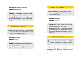 Ellos/otros: ambiciosos, peligrosos.                    •	 Castro Ocando, 1 de junio:
Nosotros: preocupados.
                                                          -Notable la ausencia del alto mando militar
Explícito: El Gobierno está dispuesto a mante-            detrás del vicepresidente Elías Jaua en discurso
ner el poder por medio de la fuerza.                      posterior al de Chávez.

Implícito: El Gobierno es incapaz de mante-
ner la estabilidad política sin la presencia de         Ellos/otros: divididos.
Chávez.                                                 Nosotros: -------------


                                                        Explícito: Alto mando militar estuvo ausente
•	 Yon Goicoechea, 1 de junio:                          durante discurso del VP Elías Jaua.
                                                        Implícito: Gobierno está dividido. El Vicepresi-
 -Jaua y Cilia Flores llaman a la unidad revolucio-     dente no tiene el apoyo del alto mando militar:
 naria, pero lo hacen separados. Por qué sacar el       es posible un golpe de Estado ante ausencia
 tema, será que no están unidos?                        de Chávez.


Ellos/otros: divididos.                                 •	 Julio Montoya, 1 de julio:

Nosotros: ------------
                                                          -La cosa de las 9pm intenta calmar pesadillas
                                                          y cuchillos internos. Dulce de lechosa el pueblo
Explícito: Llamados a la unidad revolucionaria            prepara.
se realizan por separado.
Implícito: El chavismo está dividido.
                                                        “Todo aquel que profane mi tumba tendrá duros
                                                      sufrimientos y sus seguidores morirán en lote”, Si-
                                                      món Bolívar.

                         36                                                       37
 