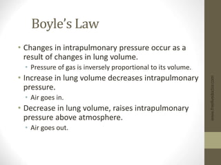 Boyle’s Law
• Changes in intrapulmonary pressure occur as a
result of changes in lung volume.
• Pressure of gas is inversely proportional to its volume.
• Increase in lung volume decreases intrapulmonary
pressure.
• Air goes in.
• Decrease in lung volume, raises intrapulmonary
pressure above atmosphere.
• Air goes out.
www.freelivedoctor.com
 