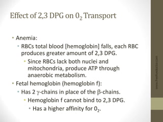 Effect of 2,3 DPG on 02 Transport
• Anemia:
• RBCs total blood [hemoglobin] falls, each RBC
produces greater amount of 2,3 DPG.
• Since RBCs lack both nuclei and
mitochondria, produce ATP through
anaerobic metabolism.
• Fetal hemoglobin (hemoglobin f):
• Has 2 g-chains in place of the b-chains.
• Hemoglobin f cannot bind to 2,3 DPG.
• Has a higher affinity for 02.
www.freelivedoctor.com
 