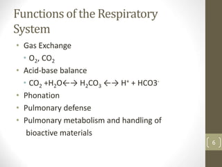 Functions of the Respiratory
System
• Gas Exchange
• O2, CO2
• Acid-base balance
• CO2 +H2O←→ H2CO3 ←→ H+ + HCO3-
• Phonation
• Pulmonary defense
• Pulmonary metabolism and handling of
bioactive materials
6
 