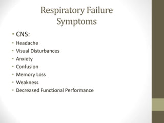 Respiratory Failure
Symptoms
• CNS:
• Headache
• Visual Disturbances
• Anxiety
• Confusion
• Memory Loss
• Weakness
• Decreased Functional Performance
 