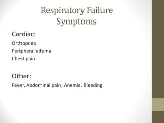 Respiratory Failure
Symptoms
Cardiac:
Orthopnea
Peripheral edema
Chest pain
Other:
Fever, Abdominal pain, Anemia, Bleeding
 