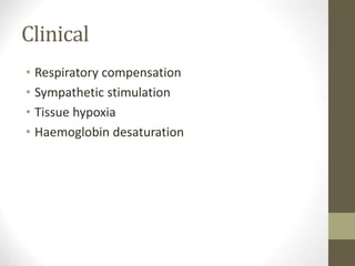 Clinical
• Respiratory compensation
• Sympathetic stimulation
• Tissue hypoxia
• Haemoglobin desaturation
 