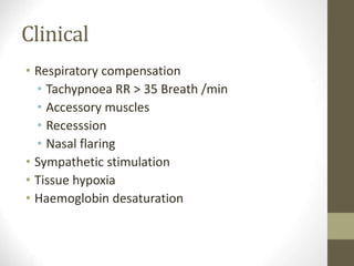 Clinical
• Respiratory compensation
• Tachypnoea RR > 35 Breath /min
• Accessory muscles
• Recesssion
• Nasal flaring
• Sympathetic stimulation
• Tissue hypoxia
• Haemoglobin desaturation
 