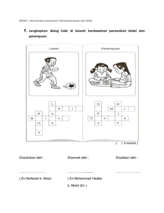 B3D6E1 : Menyatakan perbezaan fizikal perempuan dan lelaki. 
F. Lengkapkan silang kata di bawah berdasarkan perawakan lelaki dan 
perempuan. 
( / 4 markah ) 
Disediakan oleh : Disemak oleh : Disahkan oleh : 
…………………… ……………............ ………………….. 
( En Norfaizal b. Alias) ( En Mohammad Hazlee 
b. Mohd Zin ) 
