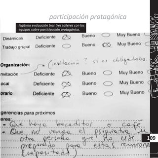 participación protagónica
legítima evaluación tras tres talleres
equipos sobre participación protagónica.
con los
109
 