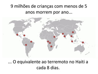 9 milhões de crianças com menos de 5
        anos morrem por ano...




... O equivalente ao terremoto no Haiti a
               cada 8 dias.
 