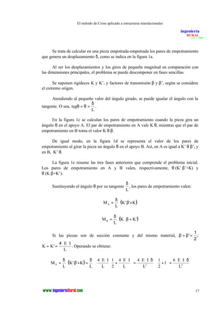 El método de Cross aplicado a estructuras translacionales 
Se trata de calcular en una pieza empotrada-empotrada los pares de empotramiento 
17 
que genera un desplazamiento d, como se indica en la figura 1a. 
Al ser los desplazamientos y los giros de pequeña magnitud en comparación con 
las dimensiones principales, el problema se puede descomponer en fases sencillas. 
Se suponen rigideces K y K’, y factores de transmisión b y b’, según se considere 
el extremo origen. 
Atendiendo al pequeño valor del ángulo girado, se puede igualar el ángulo con la 
tangente. O sea, tag 
L 
q q 
d 
= = . 
En la figura 1c se calculan los pares de empotramiento cuando la pieza gira un 
ángulo q en el apoyo A. El par de empotramiento en A vale K×q, mientras que el par de 
empotramiento en B toma el valor K×q×b. 
De igual modo, en la figura 1d se representa el valor de los pares de 
empotramiento al girar la pieza un ángulo q en el apoyo B. Así, en A es igual a K’×q×b’, y 
en B, K’×q. 
La figura 1e resume las tres fases anteriores que comprende el problema inicial. 
Los pares de empotramiento en A y B valen, respectivamente, q×(K’×b’+K) y 
q×(K×b+K’). 
Sustituyendo el ángulo q por su tangente 
d 
L 
, los pares de empotramiento valen: 
(K' ' K) 
d 
= 
MA × ×b + 
L 
(K K') 
d 
= 
MB × ×b + 
L 
Si las piezas son de sección constante y del mismo material, b = b'= 
1 
2 
; 
K K 
E I 
L 
= = 
× × 
' 
4 
. Operando se obtiene: 
6 E I 
× æ 1 
+ 
4 E I 
æ × × 
4 E I 
1 
4 E I 
ö 
ö 
( K' ' K 
) 1 
A L 
L 
L 
2 
L 
L 
2 2 
L 
2 M 
× × × d 
= ÷ø 
çè 
× × × d 
= ÷ø 
çè 
× + 
× × 
× 
d 
× ×b + = 
d 
= 
 