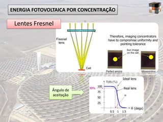 ENERGIA FOTOVOLTAICA POR CONCENTRAÇÃO

 Lentes Fresnel




              Ângulo de
              aceitação
 