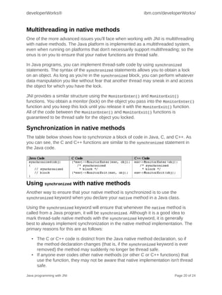 developerWorks®                                            ibm.com/developerWorks/


Multithreading in native methods
One of the more advanced issues you'll face when working with JNI is multithreading
with native methods. The Java platform is implemented as a multithreaded system,
even when running on platforms that don't necessarily support multithreading; so the
onus is on you to ensure that your native functions are thread safe.

In Java programs, you can implement thread-safe code by using synchronized
statements. The syntax of the synchronized statements allows you to obtain a lock
on an object. As long as you're in the synchronized block, you can perform whatever
data manipulation you like without fear that another thread may sneak in and access
the object for which you have the lock.

JNI provides a similar structure using the MonitorEnter() and MonitorExit()
functions. You obtain a monitor (lock) on the object you pass into the MonitorEnter()
function and you keep this lock until you release it with the MonitorExit() function.
All of the code between the MonitorEnter() and MonitorExit() functions is
guaranteed to be thread safe for the object you locked.

Synchronization in native methods
The table below shows how to synchronize a block of code in Java, C, and C++. As
you can see, the C and C++ functions are similar to the synchronized statement in
the Java code.




Using synchronized with native methods
Another way to ensure that your native method is synchronized is to use the
synchronized keyword when you declare your native method in a Java class.

Using the synchronized keyword will ensure that whenever the native method is
called from a Java program, it will be synchronized. Although it is a good idea to
mark thread-safe native methods with the synchronized keyword, it is generally
best to always implement synchronization in the native method implementation. The
primary reasons for this are as follows:

   • The C or C++ code is distinct from the Java native method declaration, so if
     the method declaration changes (that is, if the synchronized keyword is ever
     removed) the method may suddenly no longer be thread safe.
   • If anyone ever codes other native methods (or other C or C++ functions) that
     use the function, they may not be aware that native implementation isn't thread
     safe.

Java programming with JNI                                                  Page 20 of 24
 