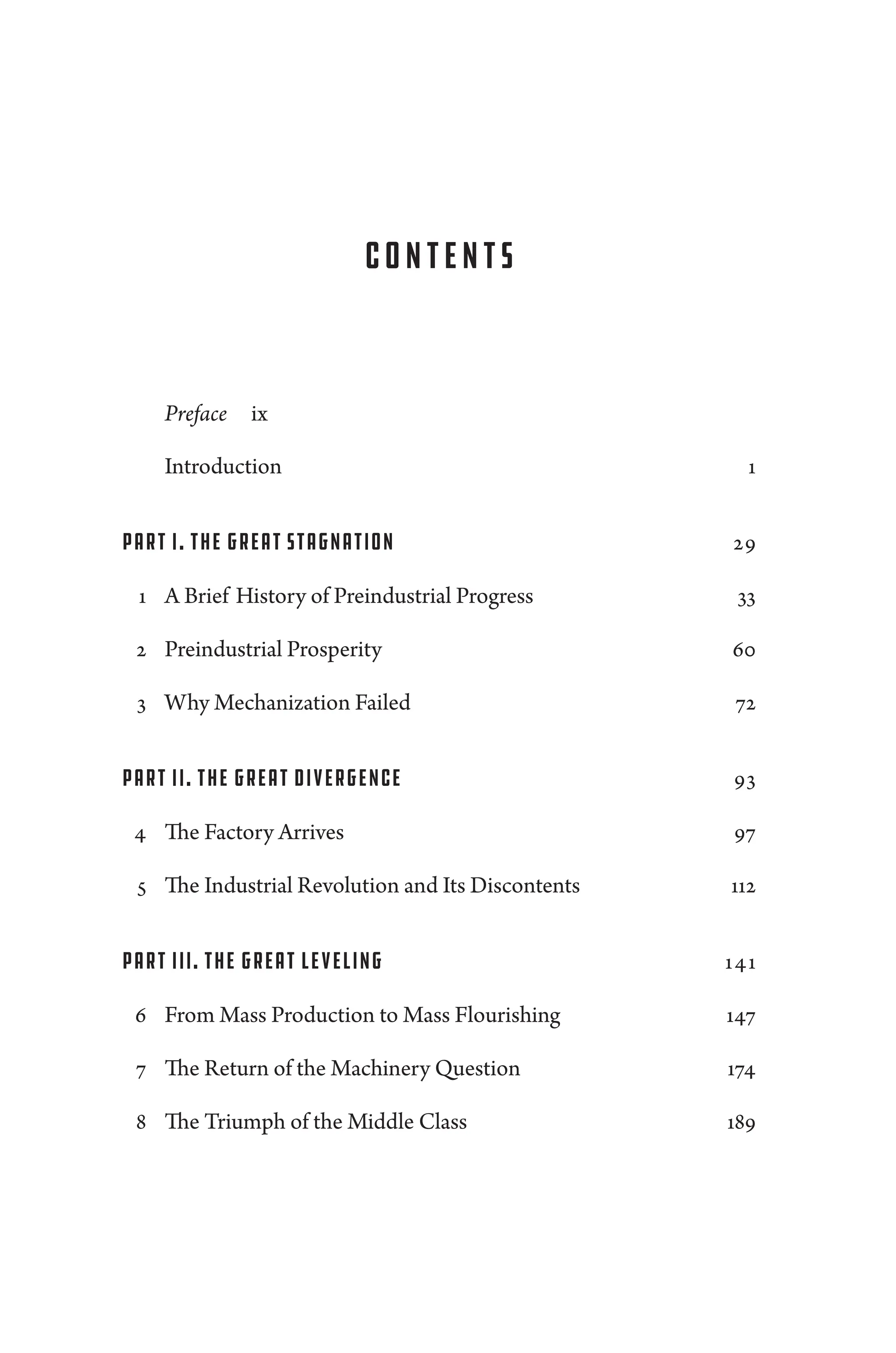 Contents
Preface ix
Introduction 1
Part I. The ­Great Stagnation 29
1 A Brief History of Pre­industrial Pro­gress 33
2 Pre­industrial Prosperity 60
3 Why Mechanization Failed 72
Part II. The ­Great Divergence 93
4 The Factory Arrives 97
5 The Industrial Revolution and Its Discontents 112
Part III. The ­Great Leveling 141
6 From Mass Production to Mass Flourishing 147
7 The Return of the Machinery Question 174
8 The Triumph of the ­Middle Class 189
 