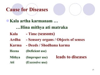 Cause for Diseases
Kala artha karmanam …
…Hina mithya ati matraka
Kala - Time (seasons)
Ardha - Sensory organs / Objects ...