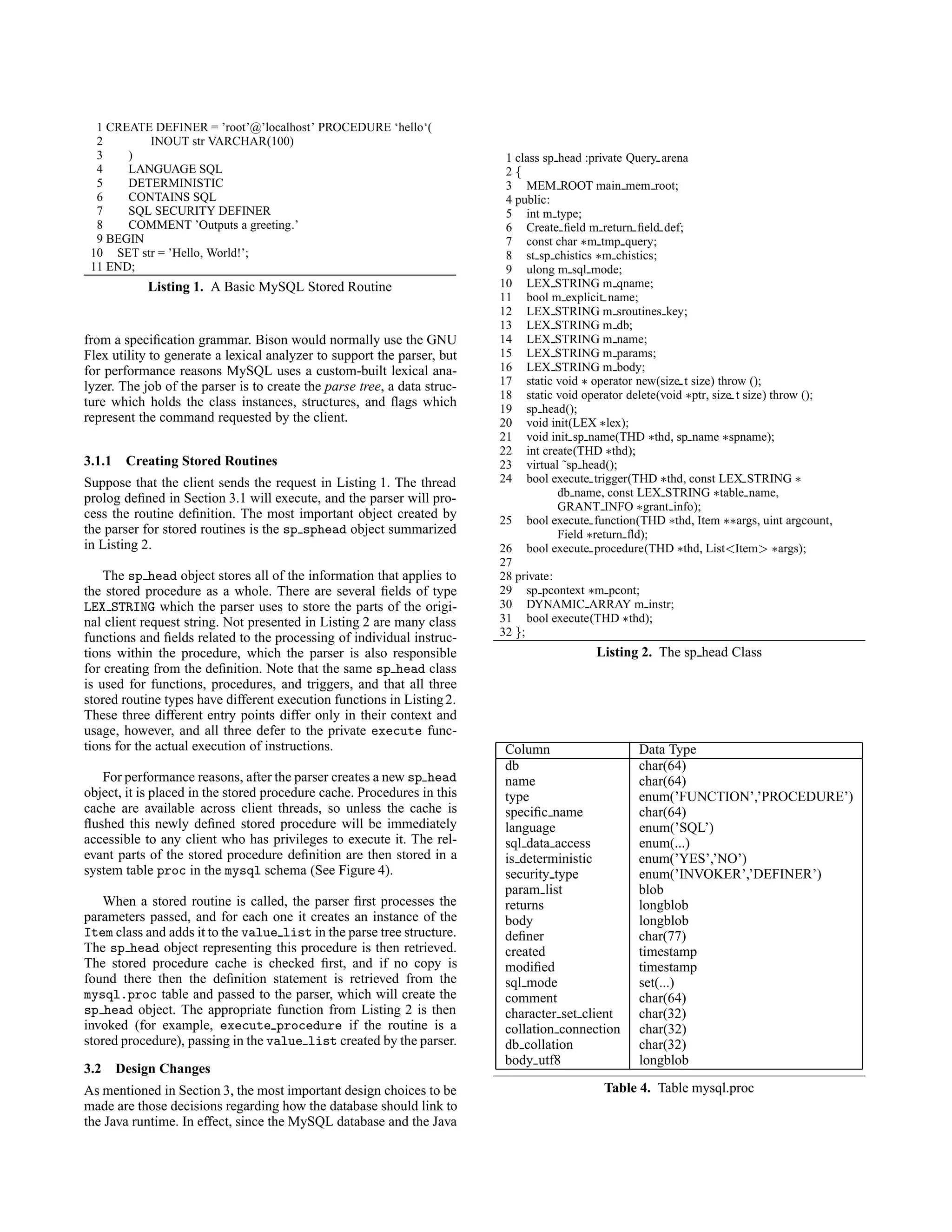 1 CREATE DEFINER = ’root’@’localhost’ PROCEDURE ‘hello‘(
2 INOUT str VARCHAR(100)
3 )
4 LANGUAGE SQL
5 DETERMINISTIC
6 CONTAINS SQL
7 SQL SECURITY DEFINER
8 COMMENT ’Outputs a greeting.’
9 BEGIN
10 SET str = ’Hello, World!’;
11 END;
Listing 1. A Basic MySQL Stored Routine
from a speciﬁcation grammar. Bison would normally use the GNU
Flex utility to generate a lexical analyzer to support the parser, but
for performance reasons MySQL uses a custom-built lexical ana-
lyzer. The job of the parser is to create the parse tree, a data struc-
ture which holds the class instances, structures, and ﬂags which
represent the command requested by the client.
3.1.1 Creating Stored Routines
Suppose that the client sends the request in Listing 1. The thread
prolog deﬁned in Section 3.1 will execute, and the parser will pro-
cess the routine deﬁnition. The most important object created by
the parser for stored routines is the sp sphead object summarized
in Listing 2.
The sp head object stores all of the information that applies to
the stored procedure as a whole. There are several ﬁelds of type
LEX STRING which the parser uses to store the parts of the origi-
nal client request string. Not presented in Listing 2 are many class
functions and ﬁelds related to the processing of individual instruc-
tions within the procedure, which the parser is also responsible
for creating from the deﬁnition. Note that the same sp head class
is used for functions, procedures, and triggers, and that all three
stored routine types have different execution functions in Listing2.
These three different entry points differ only in their context and
usage, however, and all three defer to the private execute func-
tions for the actual execution of instructions.
For performance reasons, after the parser creates a new sp head
object, it is placed in the stored procedure cache. Procedures in this
cache are available across client threads, so unless the cache is
ﬂushed this newly deﬁned stored procedure will be immediately
accessible to any client who has privileges to execute it. The rel-
evant parts of the stored procedure deﬁnition are then stored in a
system table proc in the mysql schema (See Figure 4).
When a stored routine is called, the parser ﬁrst processes the
parameters passed, and for each one it creates an instance of the
Item class and adds it to the value list in the parse tree structure.
The sp head object representing this procedure is then retrieved.
The stored procedure cache is checked ﬁrst, and if no copy is
found there then the deﬁnition statement is retrieved from the
mysql.proc table and passed to the parser, which will create the
sp head object. The appropriate function from Listing 2 is then
invoked (for example, execute procedure if the routine is a
stored procedure), passing in the value list created by the parser.
3.2 Design Changes
As mentioned in Section 3, the most important design choices to be
made are those decisions regarding how the database should link to
the Java runtime. In effect, since the MySQL database and the Java
1 class sp head :private Query arena
2 {
3 MEM ROOT main mem root;
4 public:
5 int m type;
6 Create ﬁeld m return ﬁeld def;
7 const char ∗m tmp query;
8 st sp chistics ∗m chistics;
9 ulong m sql mode;
10 LEX STRING m qname;
11 bool m explicit name;
12 LEX STRING m sroutines key;
13 LEX STRING m db;
14 LEX STRING m name;
15 LEX STRING m params;
16 LEX STRING m body;
17 static void ∗ operator new(size t size) throw ();
18 static void operator delete(void ∗ptr, size t size) throw ();
19 sp head();
20 void init(LEX ∗lex);
21 void init sp name(THD ∗thd, sp name ∗spname);
22 int create(THD ∗thd);
23 virtual ˜sp head();
24 bool execute trigger(THD ∗thd, const LEX STRING ∗
db name, const LEX STRING ∗table name,
GRANT INFO ∗grant info);
25 bool execute function(THD ∗thd, Item ∗∗args, uint argcount,
Field ∗return ﬂd);
26 bool execute procedure(THD ∗thd, List<Item> ∗args);
27
28 private:
29 sp pcontext ∗m pcont;
30 DYNAMIC ARRAY m instr;
31 bool execute(THD ∗thd);
32 };
Listing 2. The sp head Class
Column Data Type
db char(64)
name char(64)
type enum(’FUNCTION’,’PROCEDURE’)
speciﬁc name char(64)
language enum(’SQL’)
sql data access enum(...)
is deterministic enum(’YES’,’NO’)
security type enum(’INVOKER’,’DEFINER’)
param list blob
returns longblob
body longblob
deﬁner char(77)
created timestamp
modiﬁed timestamp
sql mode set(...)
comment char(64)
character set client char(32)
collation connection char(32)
db collation char(32)
body utf8 longblob
Table 4. Table mysql.proc
 