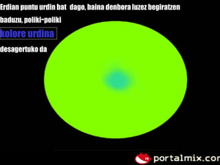Erdian puntu urdin bat   dago, baina denbora   luzez begiratzen   baduzu, poliki - poliki   kolore urdina   desagertuko da . 