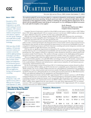 Computer Sciences Corporation



                                    QUARTERLY HIGHLIGHTS                 SECOND QUARTER FISCAL 2003 (ENDED SEPTEMBER 27, 2002)
ABOUT CSC                        The market for global IT services has been subject to a reduction in demand for several quarters, especially in the
                                 area of corporate discretionary spending. During the quarter just ended, we continued our tight expense controls
                                 and focused on client engagement execution, resulting in continuing CSC operating efficiency improvement. We are
Founded in 1959,
                                 pleased with the profitability progress made during our second quarter in a very challenging and difficult environment.
Computer Sciences                Our results reflect the discipline we have applied.
Corporation is one of the                                                                                   Van B. Honeycutt
world’s leading IT services                                                                                 Chairman and Chief Executive Officer
                                                                                                            Computer Sciences Corporation
companies. CSC’s mission
is to provide customers in           Computer Sciences Corporation results for its fiscal 2003 second quarter, include revenues of $2.7 billion,
industry and government          down 1.2% (down approximately 3.5% in constant currency); net income of $92.9 million; and earnings
with solutions crafted to        per share (diluted) of 54 cents, up 35% over last year’s comparable quarter.
                                     Effective for fiscal 2003, the company adopted SFAS No. 142, which eliminates the amortization
meet their specific challenges
                                 of goodwill and certain intangible assets. Earnings per share before goodwill and employee workforce
and enable them to profit
                                 amortization increased 5.9% over the same period last year.
from the advanced use of             CSC’s U.S. federal government activities delivered strong revenue growth. The net revenue decrease
technology.                      reflects weaker commercial demand in the financial services vertical market and for project-oriented services.
                                 Earnings per share growth was driven primarily by improvements in year-over-year profitability from the
                                 company’s U.S federal government and North American consulting and systems integration activities, and
With more than 65,000
                                 continued emphasis on tight discretionary cost controls.
employees, CSC provides
                                     CSC has seen no significant improvement in demand for IT consulting and systems integration services
innovative solutions for
                                 in North America, but is recording improved profitability and win-rate levels compared with the comparable
customers around the             period last year. The company continues to experience weaker demand for short-term, project-related work
world by applying leading        in markets outside North America. The market in Europe continues to be challenging and European
                                 operations have been organized into a regional structure to further reduce the company’s cost base.
technologies and CSC’s
                                     The set of opportunities within the global commercial outsourcing and U.S. federal markets is robust.
own advanced capabilities.
                                 CSC’s federal market pipeline, of nearly $26 billion stretching over the next 29 months, continues to
These include systems
                                 present a strong set of opportunities. Principal areas of growth for our U.S. government activities continue
design and integration;          to be modernization of systems and infrastructure, e-government initiatives, IT and business process
IT and business process          outsourcing, and homeland security.
                                     For the second quarter, revenue derived from CSC’s U.S. federal government activities showed excellent
outsourcing; applications
                                 growth, increasing to $772.1 million, up 16.9% from last year’s comparable quarter. Department of Defense
software development;
                                 (DoD) activities rose 13.1% to $449.7 million from last year, with significant contributions from intelligence
Web and application
                                 community, U.S. Army related activities and several new awards. Civil agencies business rose to $322.4 million,
hosting; and management          up 22.6% from last year, aided primarily by new awards and increased work from the IRS Modernization
consulting.                      activity and additional tasking from the Immigration and Naturalization Service.
                                     Global commercial revenues declined 6.9% (approximately 10% in constant currency), to $1.96 billion
                                 compared with last year’s second quarter. The continued slowdown in demand for global commercial
Headquartered in
                                 consulting and systems integration project work was partially offset by growth in the company’s global
El Segundo, Calif., CSC
                                 outsourcing activities. U.S. commercial revenue was $958.7 million, down 8.2%. European revenue was
reported revenue of $11.4        $706.7 million, down slightly from the same quarter a year ago (down approximately 11% in constant
billion for the 12 months        currency). CSC’s non-European international revenue declined 11.8% (approximately 15% in constant
ended September 27, 2002.        currency) from last year's $334.4 million.

                                                                        FINANCIAL HIGHLIGHTS
  2ND QUARTER FISCAL 2003
  REVENUES BY MAJOR MARKET                                              (unaudited)
                                                                                                     Second Quarter             Six Months Ended
                     U.S. Federal
  Commercial                                                            $ in millions,except     9/27/02                       9/27/02
                                                                                                               9/28/01                       9/28/01
                         28%
     72%                                                                per-share amounts
                                 ($ in millions)
                                                                        Revenues                 $2,732.4                      $5,497.2 $5,478.9
                                                                                                               $2,765.3
                                       U.S. Commercial – $958.7
                   16%
                                                                        Net Income               $    92.9                     $ 171.9 $ 115.9
                                                                                                               $    68.2
                                       Europe – $706.7
        35%              12%
                                                                        Diluted Earnings
                                       Other International – $294.9
                                                                         Per Share               $    0.54                     $    1.00 $
                                                                                                               $    0.40                          0.68
                       11%             U.S. DoD – $449.7
                                                                        Effective March 30, 2002, the Company adopted SFAS No. 142 which requires
               26%                     U.S. Civil Agencies – $322.4     that upon adoption goodwill and certain other intangible assets must no longer
                                                                        be amortized. Amortization of goodwill and acquired employee workforce was
                                                                        $20 million ($19.1 million after tax), or 11 cents per share (diluted), during
                                                                        the second quarter ended September 28, 2001.
      Total – $2,732.4
 