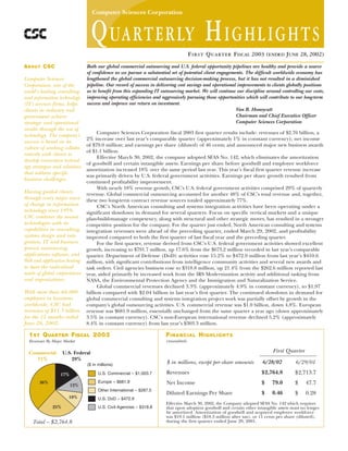 Computer Sciences Corporation



                                   QUARTERLY HIGHLIGHTS                             FIRST QUARTER FISCAL 2003 (ENDED JUNE 28, 2002)
ABOUT CSC                      Both our global commercial outsourcing and U.S. federal opportunity pipelines are healthy and provide a source
                               of confidence as we pursue a substantial set of potential client engagements. The difficult worldwide economy has
                               lengthened the global commercial outsourcing decision-making process, but it has not resulted in a diminished
Computer Sciences
                               pipeline. Our record of success in delivering cost savings and operational improvements to clients globally positions
Corporation, one of the
                               us to benefit from this expanding IT outsourcing market. We will continue our discipline around controlling our costs,
world’s leading consulting
                               improving operating efficiencies and aggressively pursuing those opportunities which will contribute to our long-term
and information technology
                               success and improve our return on investment.
(IT) services firms, helps
                                                                                                         Van B. Honeycutt
clients in industry and
                                                                                                         Chairman and Chief Executive Officer
government achieve
                                                                                                         Computer Sciences Corporation
strategic and operational
results through the use of
                                    Computer Sciences Corporation fiscal 2003 first quarter results include: revenues of $2.76 billion, a
technology. The company’s
                               2% increase over last year’s comparable quarter (approximately 1% in constant currency); net income
success is based on its
                               of $79.0 million; and earnings per share (diluted) of 46 cents; and announced major new business awards
culture of working collabo-
                               of $1.1 billion.
ratively with clients to
                                     Effective March 30, 2002, the company adopted SFAS No. 142, which eliminates the amortization
develop innovative technol-
                               of goodwill and certain intangible assets. Earnings per share before goodwill and employee workforce
ogy strategies and solutions
                               amortization increased 18% over the same period last year. This year’s fiscal first quarter revenue increase
that address specific
                               was primarily driven by U.S. federal government activities. Earnings per share growth resulted from
business challenges.
                               continued profitability improvement.
                                     With nearly 18% revenue growth, CSC’s U.S. federal government activities comprised 29% of quarterly
Having guided clients          revenue. Global commercial outsourcing accounted for another 48% of CSC’s total revenue and, together,
through every major wave       these two long-term contract revenue sources totaled approximately 77%.
of change in information             CSC’s North American consulting and systems integration activities have been operating under a
technology since 1959,         significant slowdown in demand for several quarters. Focus on specific vertical markets and a unique
CSC combines the newest        plan-build-manage competency, along with structural and other strategic moves, has resulted in a stronger
technologies with its          competitive position for the company. For the quarter just ended, North American consulting and systems
capabilities in consulting,    integration revenues were ahead of the preceding quarter, ended March 29, 2002, and profitability
systems design and inte-       improved compared to both the first quarter of last fiscal year and the preceding quarter.
gration, IT and business            For the first quarter, revenue derived from CSC’s U.S. federal government activities showed excellent
process outsourcing,           growth, increasing to $791.7 million, up 17.6% from the $673.2 million recorded in last year’s comparable
applications software, and     quarter. Department of Defense (DoD) activities rose 15.2% to $472.9 million from last year’s $410.6
Web and application hosting    million, with significant contributions from intelligence community activities and several new awards and
to meet the individual         task orders. Civil agencies business rose to $318.8 million, up 21.4% from the $262.6 million reported last
needs of global corporations   year, aided primarily by increased work from the IRS Modernization activity and additional tasking from
and organizations.             NASA, the Environmental Protection Agency and the Immigration and Naturalization Service.
                                    Global commercial revenues declined 3.3% (approximately 4.9% in constant currency), to $1.97
With more than 66,000          billion compared with $2.04 billion in last year’s first quarter. The continued slowdown in demand for
employees in locations         global commercial consulting and systems integration project work was partially offset by growth in the
worldwide, CSC had             company’s global outsourcing activities. U.S. commercial revenue was $1.0 billion, down 4.8%. European
revenues of $11.5 billion      revenue was $681.9 million, essentially unchanged from the same quarter a year ago (down approximately
for the 12 months ended        3.5% in constant currency). CSC’s non-European international revenue declined 5.2% (approximately
June 28, 2002.                 8.4% in constant currency) from last year’s $303.3 million.

                                                                      FINANCIAL HIGHLIGHTS
  1ST QUARTER FISCAL 2003
                                                                      (unaudited)
  Revenues By Major Market

                                                                                                                            First Quarter
                    U.S. Federal
  Commercial
                        29%
     71%
                                                                                                                       6/28/02
                                                                      $ in millions, except per-share amounts                          6/29/01
                               ($ in millions)
                                                                                                                      $2,764.8
                                                                      Revenues                                                         $2,713.7
                                     U.S. Commercial – $1,003.7
                  17%
                                     Europe – $681.9                                                                  $     79.0
                                                                      Net Income                                                       $     47.7
       36%
                        12%
                                     Other International – $287.5
                                                                                                                      $     0.46
                                                                      Diluted Earnings Per Share                                       $     0.28
                      10%            U.S. DoD – $472.9
                                                                      Effective March 30, 2002, the Company adopted SFAS No. 142 which requires
              25%                    U.S. Civil Agencies – $318.8     that upon adoption goodwill and certain other intangible assets must no longer
                                                                      be amortized. Amortization of goodwill and acquired employee workforce
                                                                      was $19.1 million ($18.3 million after tax), or 11 cents per share (diluted),
                                                                      during the first quarter ended June 29, 2001.
    Total – $2,764.8
 