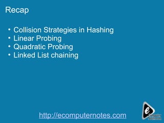 Recap Collision Strategies in Hashing  Linear Probing Quadratic Probing  Linked List chaining  http://ecomputernotes.com 