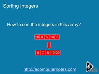 Sorting Integers 20 8 5 10 7 5 7 8 10 20 How to sort the integers in this array? http://ecomputernotes.com 