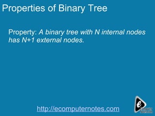 Properties of Binary Tree Property:  A binary tree with N internal nodes has N+1 external nodes. http://ecomputernotes.com 