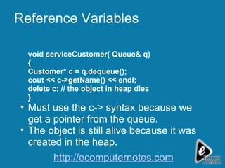 Reference Variables void serviceCustomer( Queue& q) { Customer* c = q.dequeue(); cout << c->getName() << endl; delete c; // the object in heap dies } Must use the c-> syntax because we get a pointer from the queue. The object is still alive because it was created in the heap. http://ecomputernotes.com 